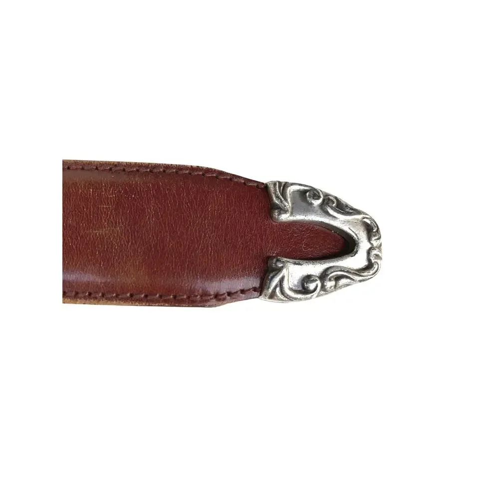 Vintage Fossil Cognac Leather Concho Belt Western Silver Floral Buckle Y2K Ranch